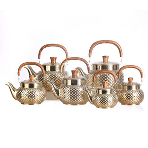 Middle East Stainless steel nano gold kettle diamond tea kettle with strainer non-magnetic thicken Arabic teapot and wood handle