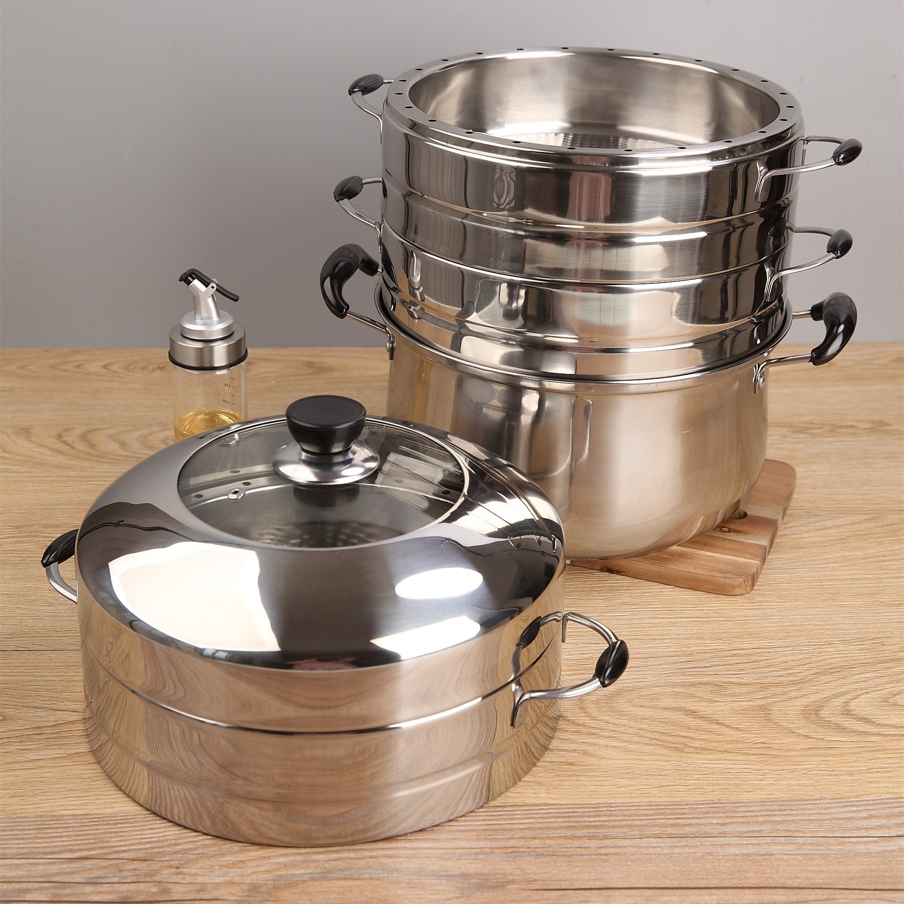 Factory Steamer Pot Multi Layers Stainless Steel 201 Dumplings Seafood Rice Cooking Food Steamer For Sale 4 layers set