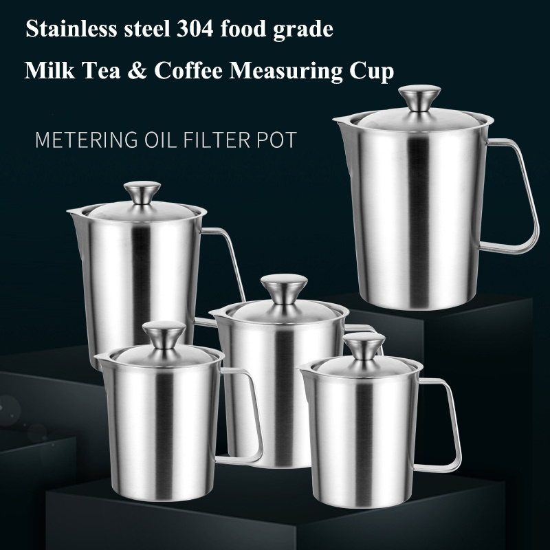 Modern Design Stainless Steel 304 Food Grade Latte Art Pitcher Milk mug Tea Coffee Measuring Cup Scale Mark with Handle and lid