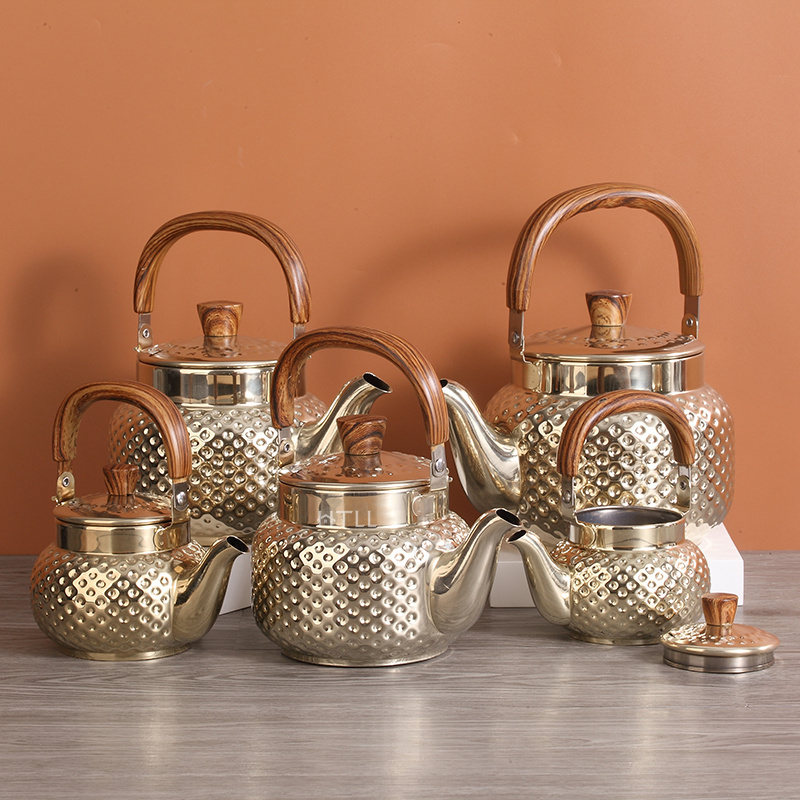 Middle East Stainless steel nano gold kettle diamond tea kettle with strainer non-magnetic thicken Arabic teapot and wood handle