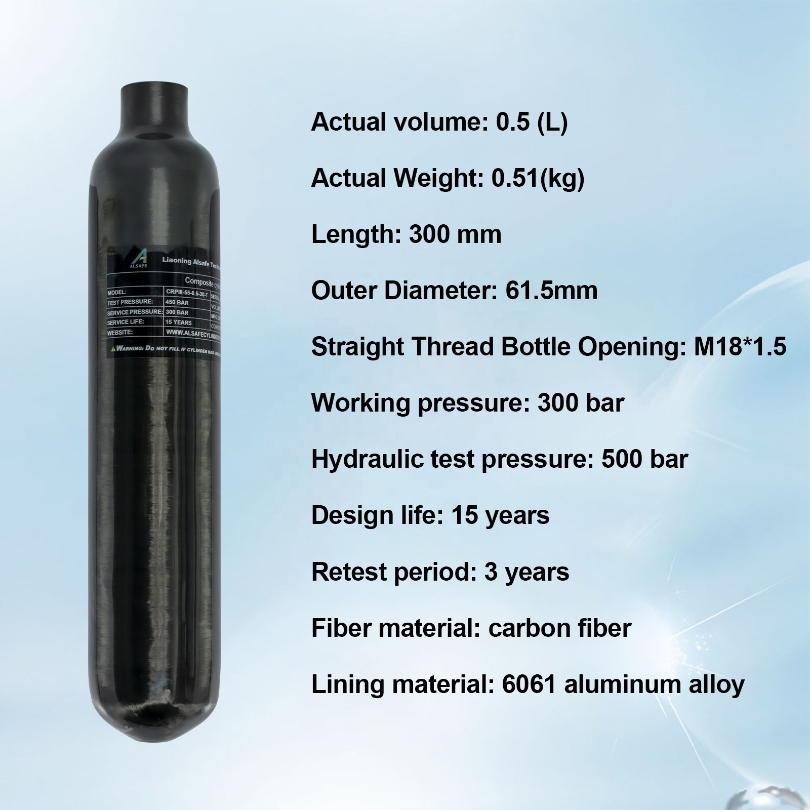 Factory Direct Sale Alsafe 0.5L 500CC Factory Price PCP Gas Cylinder 300bar 4500psi Carbon Fiber Tank