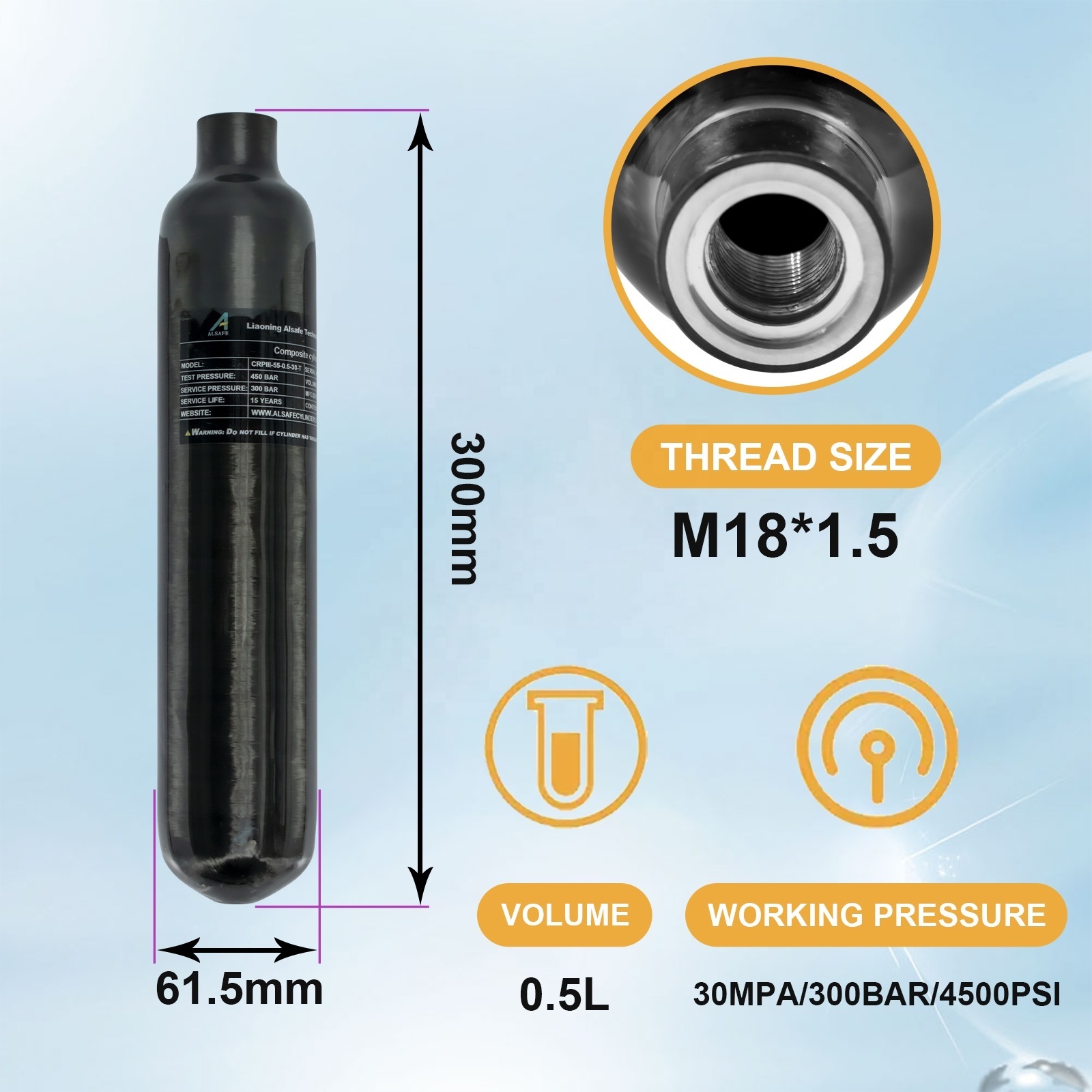 Factory Direct Sale Alsafe 0.5L 500CC Factory Price PCP Gas Cylinder 300bar 4500psi Carbon Fiber Tank