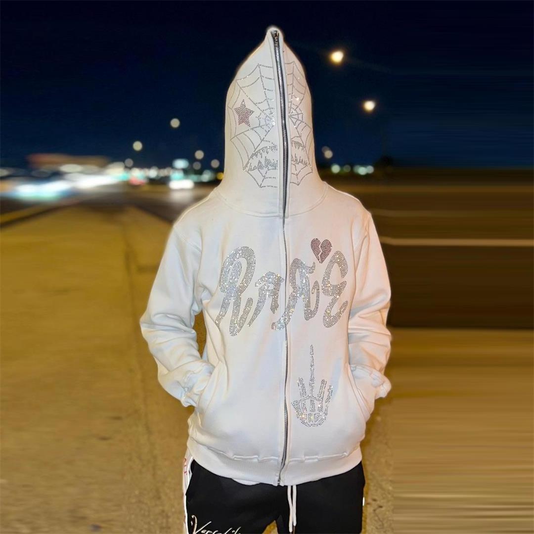 Custom Heavyweight Rhinestone Full Zip Hoodie Over the Face Iron-on Rhinestones Transfers for Hoodies