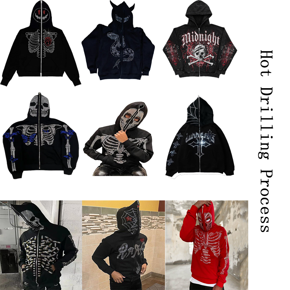 Custom Heavyweight Rhinestone Full Zip Hoodie Over the Face Iron-on Rhinestones Transfers for Hoodies