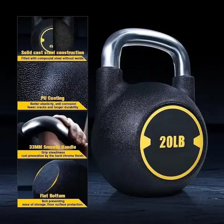 Custom Logo 4KG-48KG LB PU Coated Chrome Handle Kettlebells Gym Kettle Bell Weights Urethane Competition Kettlebell