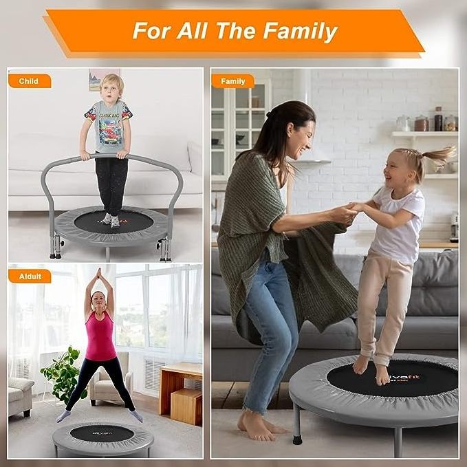 Fitness Trampoline for Kids Foldable Mini Trampoline with Adjustable Foam Handle Workout Indoor Outdoor Home Use