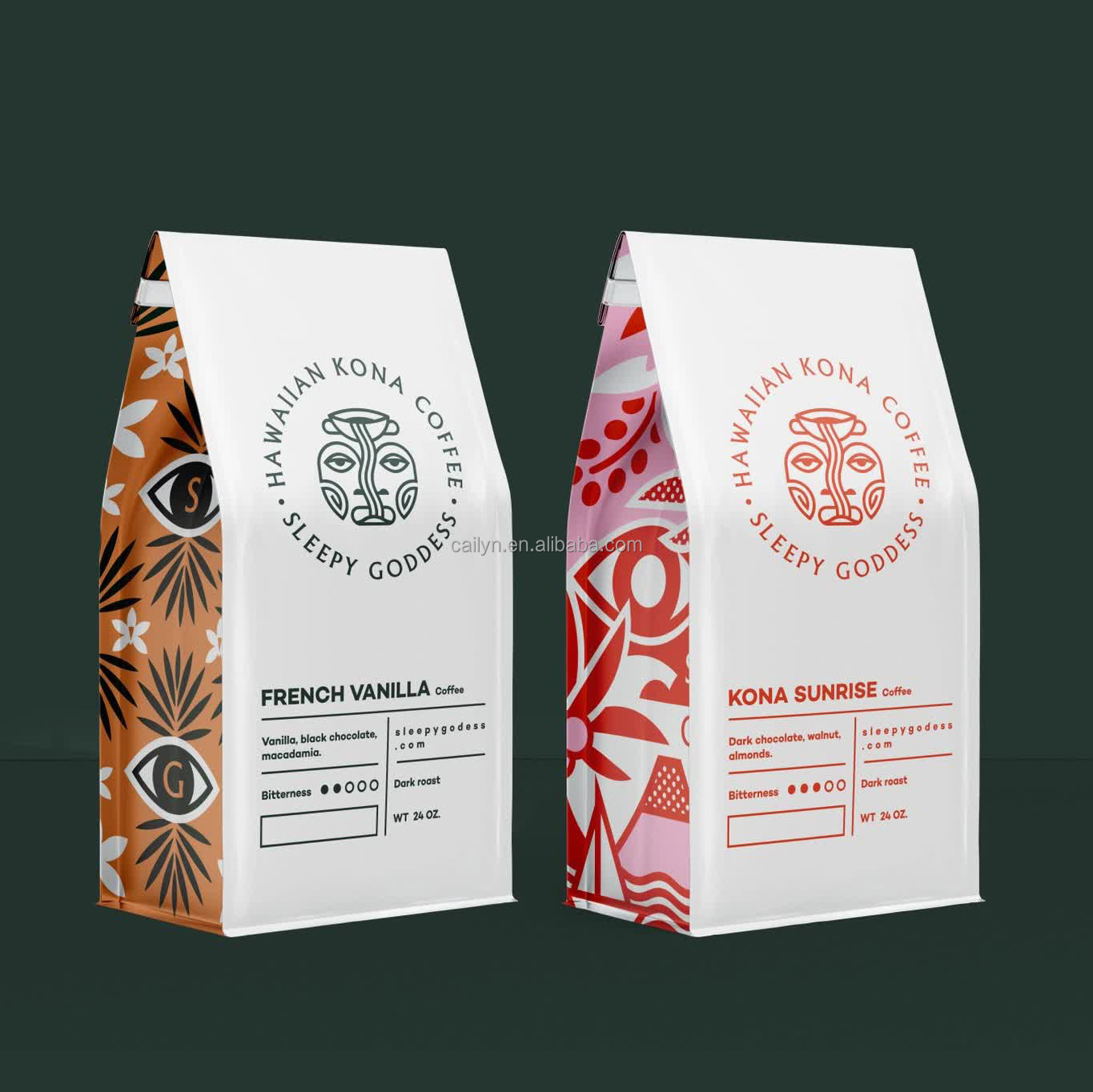 Cailyn plastic printed stand up zip lock plastic packaging custom flat bottom coffee bags with your own logo