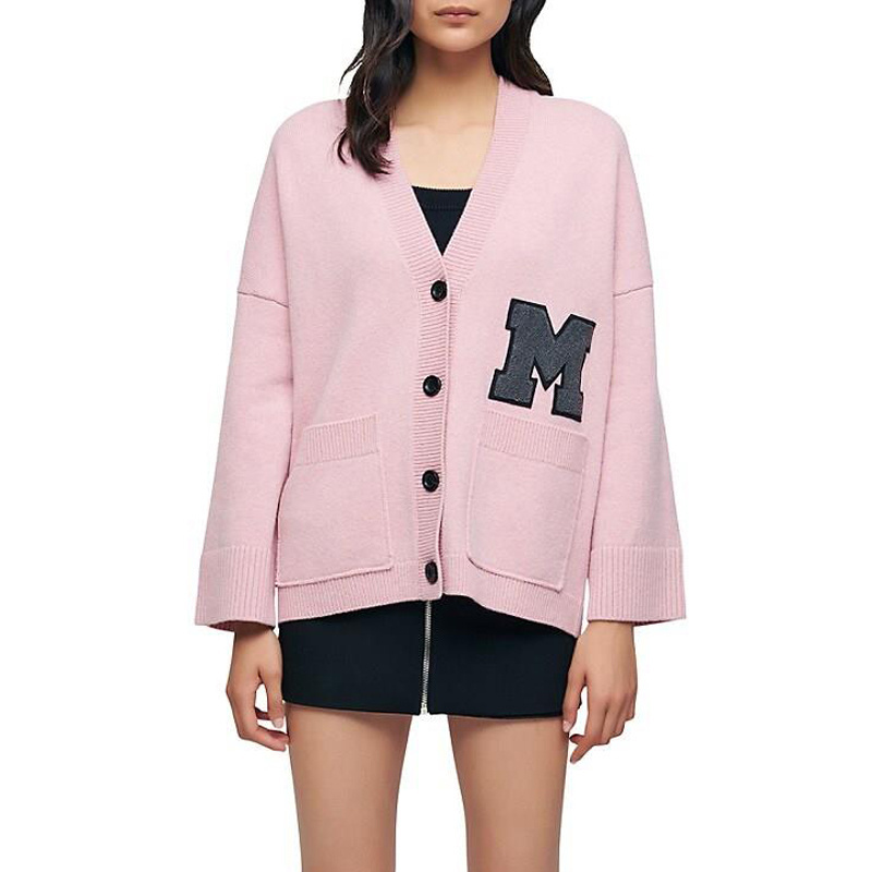 CaiNan sweater manufacturing custom oversized v neck woollen women cardigan sweater knit letter jacquard varsity cardigan