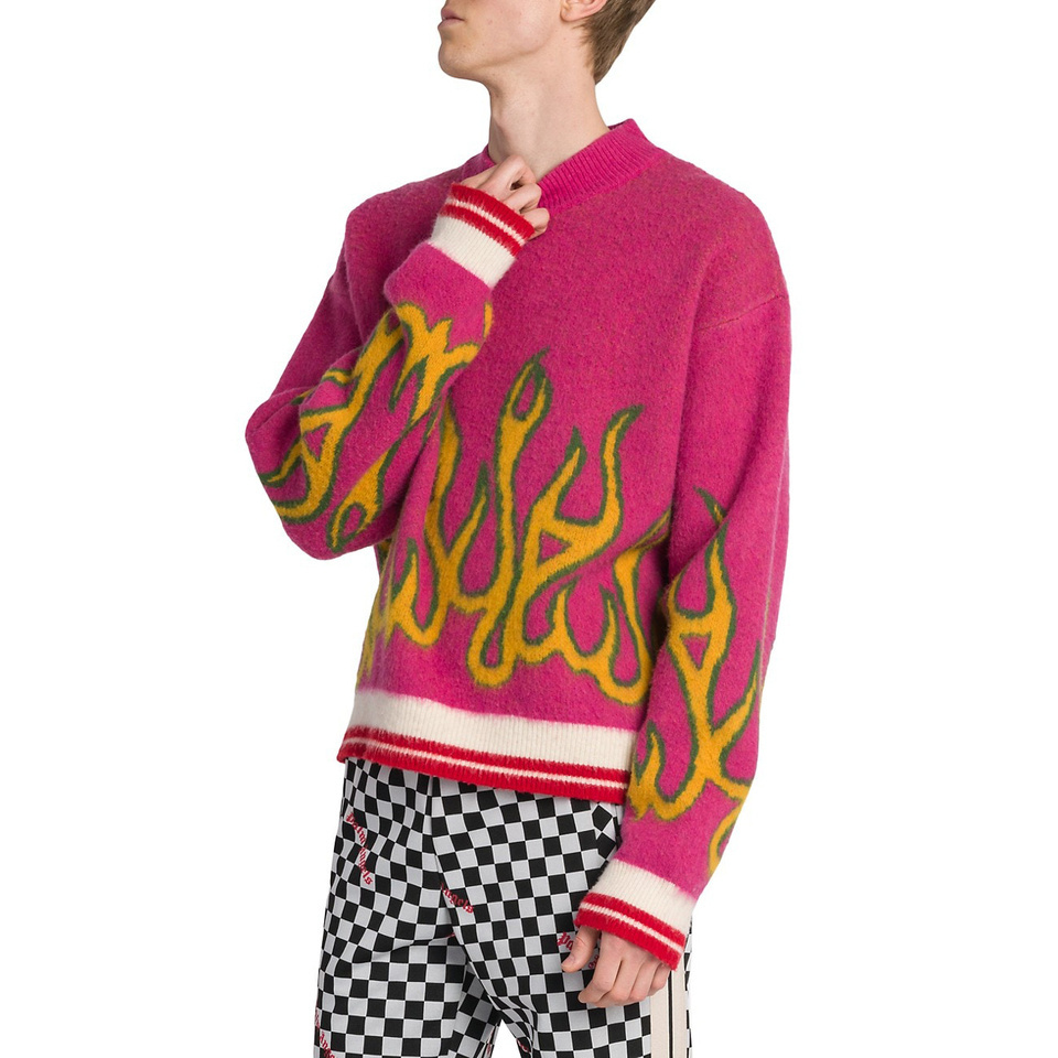 CaiNan Customized Men crew neck jacquard pullover Ribbed cuffs and hem intarsia knit flame sweater