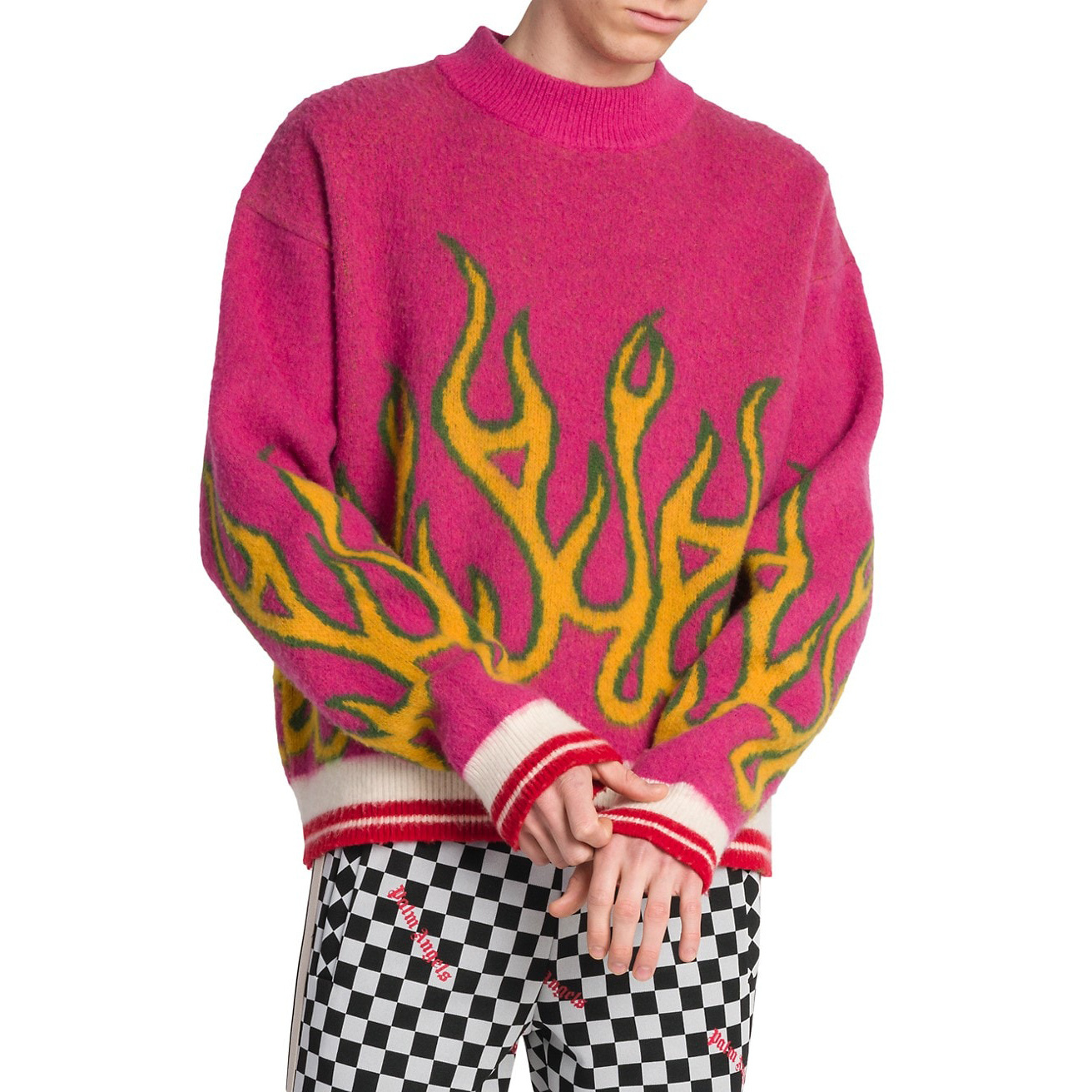 CaiNan Customized Men crew neck jacquard pullover Ribbed cuffs and hem intarsia knit flame sweater