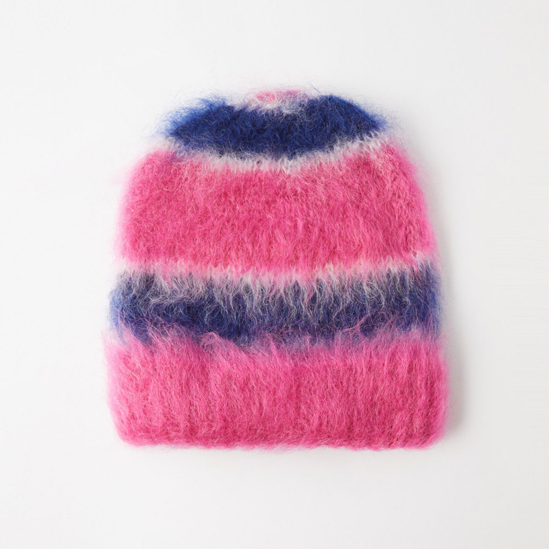 CaiNan Custom Jacquard Logo Knit Winter Color Block Stripe Fluffy Beanie Warm Fuzzy Knit Winter Hat Mohair Beanie