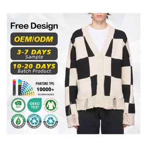 Cardigan Sweater Manufacturers Custom Luxury Designer distressed Men Cardigan Black White Check Knit Cardigan Sweater For Men