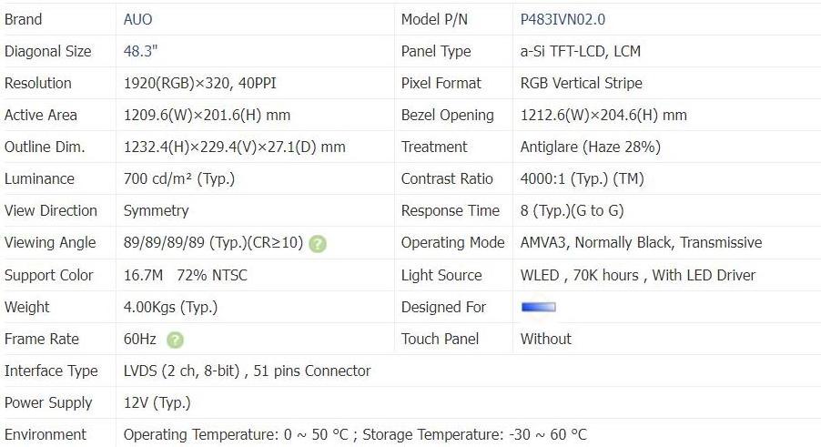 AUO Stretched Bar LCD Panel 48 inch Resolution 3840x320 Backlight 700cd/m2 Store shelf display screen P483IVN02.0
