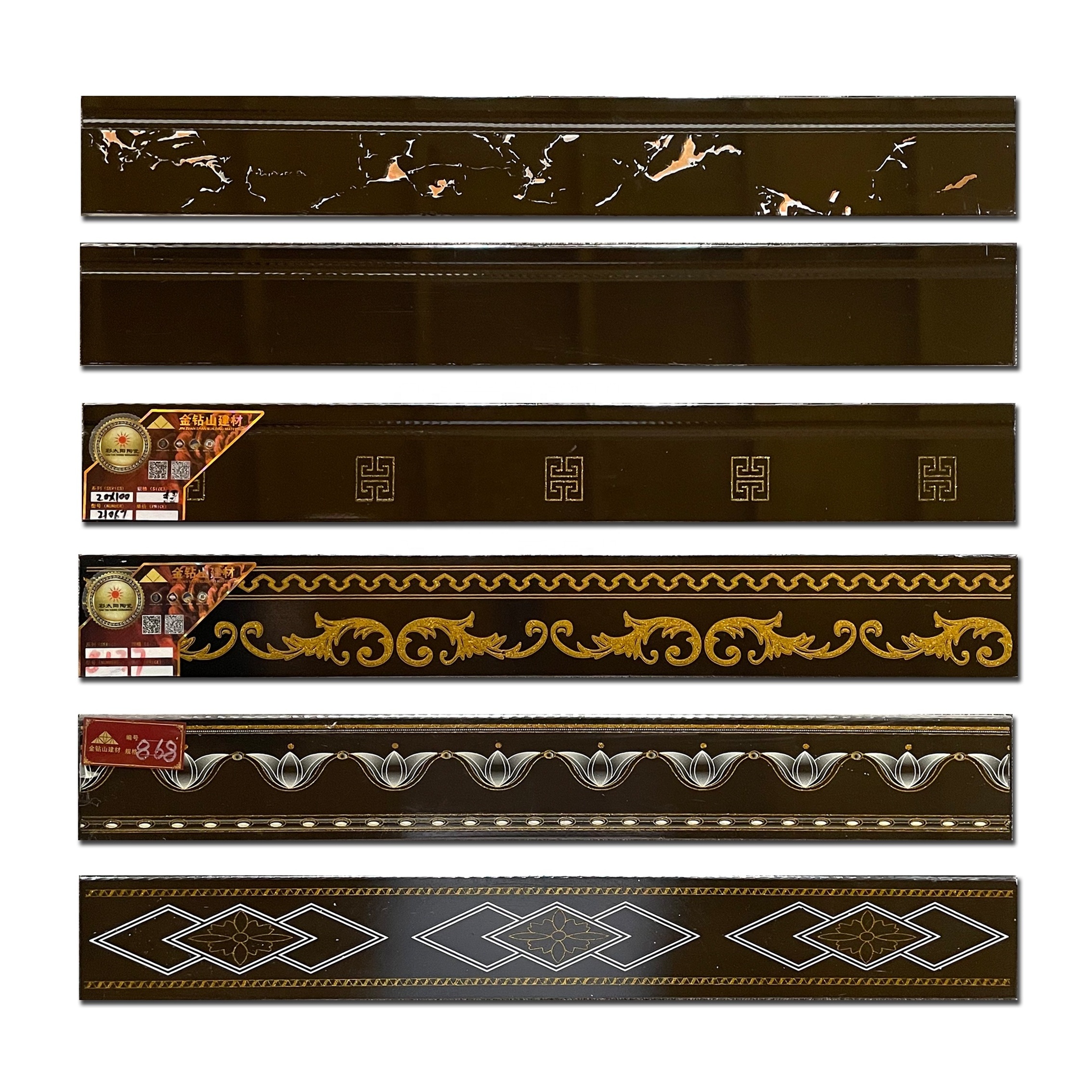 China Border floor tiles wall corner decoration Glossy Glazed  black golden silver flooring skirting tile