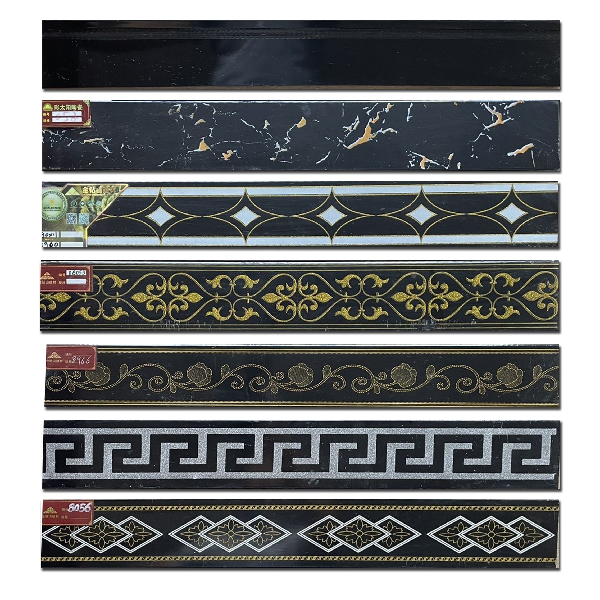 China Border floor tiles wall corner decoration Glossy Glazed  black golden silver flooring skirting tile