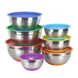 Wholesale Stainless Steel Silicone Antiskid Basin Colorful Kitchen Mixing Salad Bowls Set With Airtight Lids