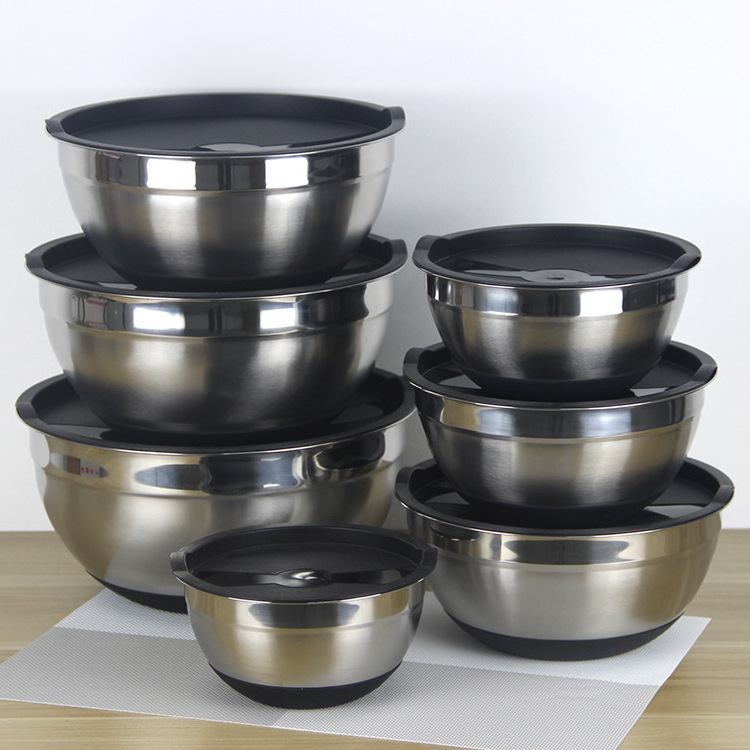 Wholesale Stainless Steel Silicone Antiskid Basin Colorful Kitchen Mixing Salad Bowls Set With Airtight Lids