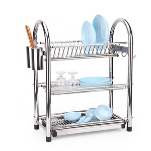 Multifunctional design silver 3 tiers stainless steel utensil drainer dish rack for kitchen