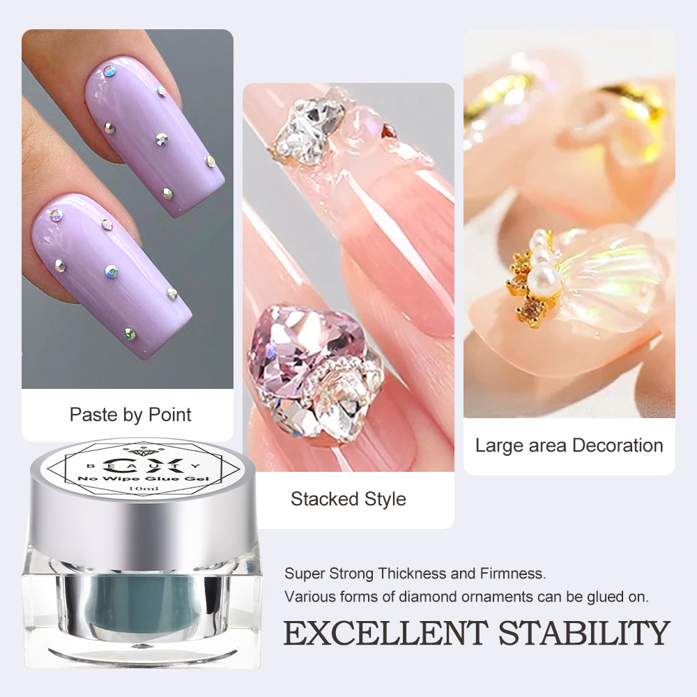 Caixuan No Wipe Rhinestone Gel, Nail Art Super Sticky No Wipe Glue Gel Stone Gel