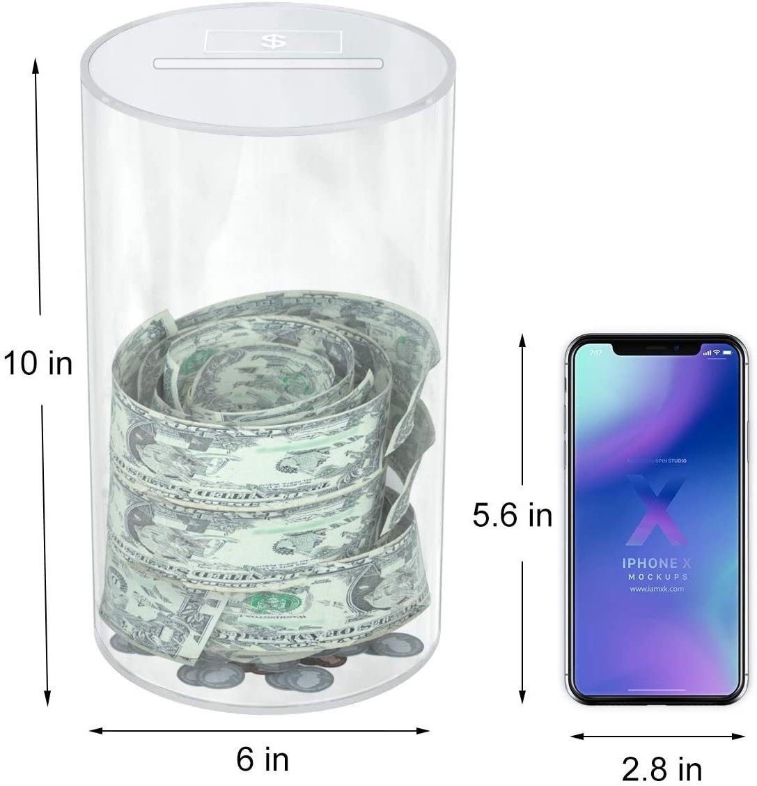 Clear Acrylic Unopenable Money Bank Jar for Cash and Coins