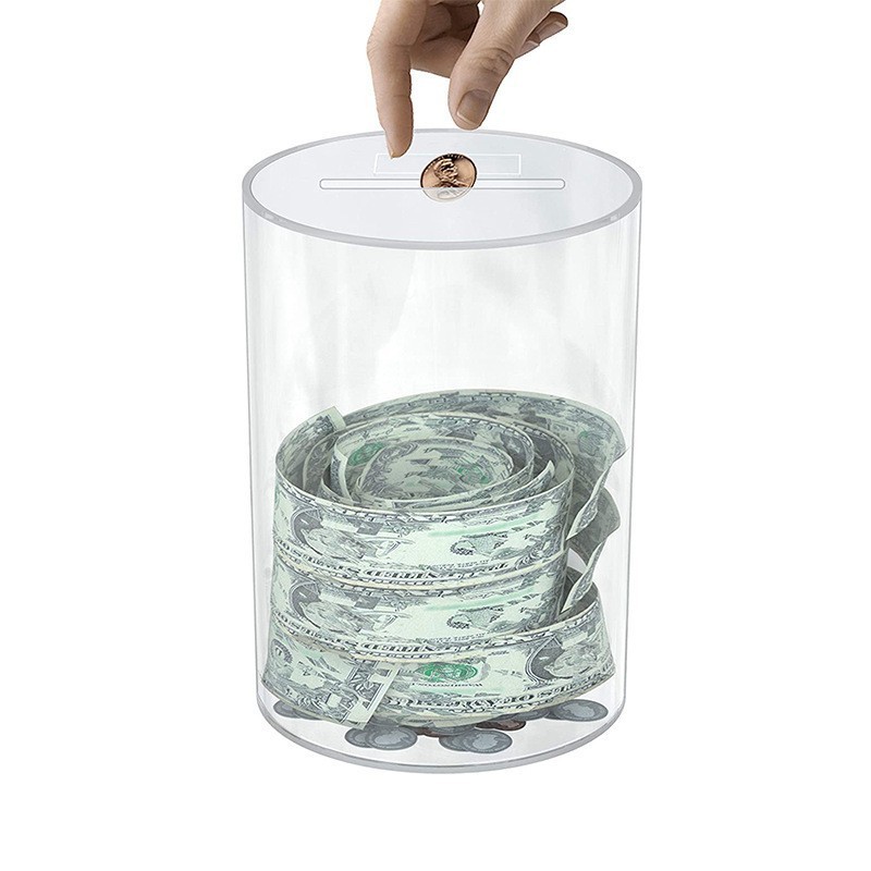 Clear Acrylic Unopenable Money Bank Jar for Cash and Coins