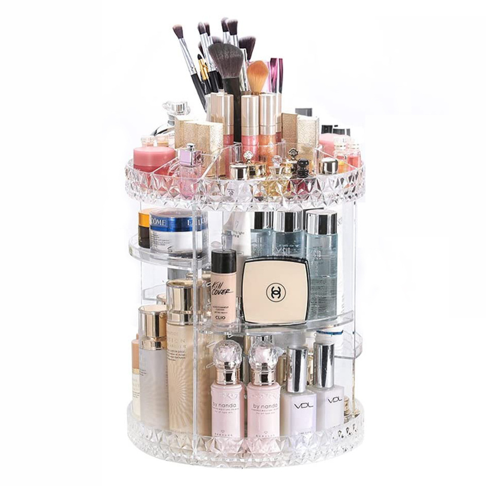 360 Degree 3 Layer Rotating Acrylic Makeup Organizer Cosmetic Display Stand Detachable Transparent Perfume Storage Case