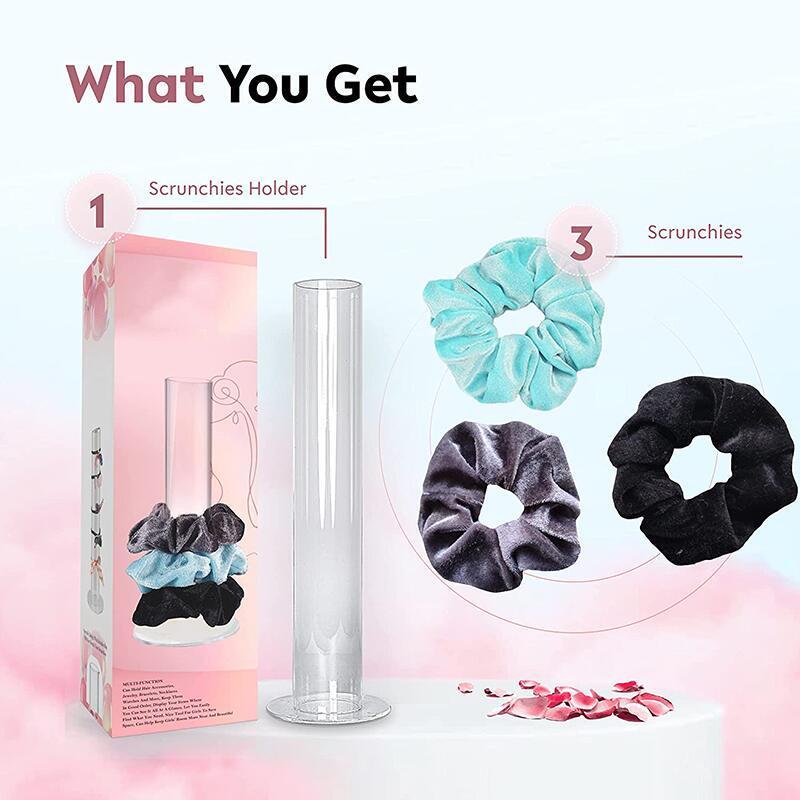 Acrylic Scrunchie Holder Stand 12 Inch Clear Hair Tie Organizer with 3 Velvet Scrunchies Non-slip Grips