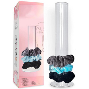 Acrylic Scrunchie Holder Stand 12 Inch Clear Hair Tie Organizer with 3 Velvet Scrunchies Non-slip Grips