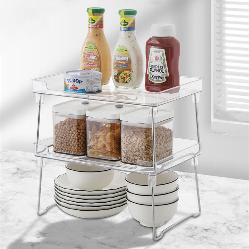 Space Saver Stackable Spices Rack Foldable Storage Rack Shelf Transparent Plastic Folding Cabinet Small Desktop Storage Shelf