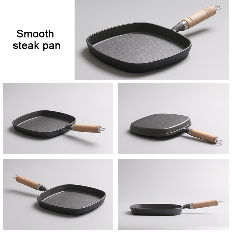 Flat Bottom 22cm Square Shape Roasting bbq Grill Skillet Cast Iron Beef Steak Frying Pan With Wooden Handle