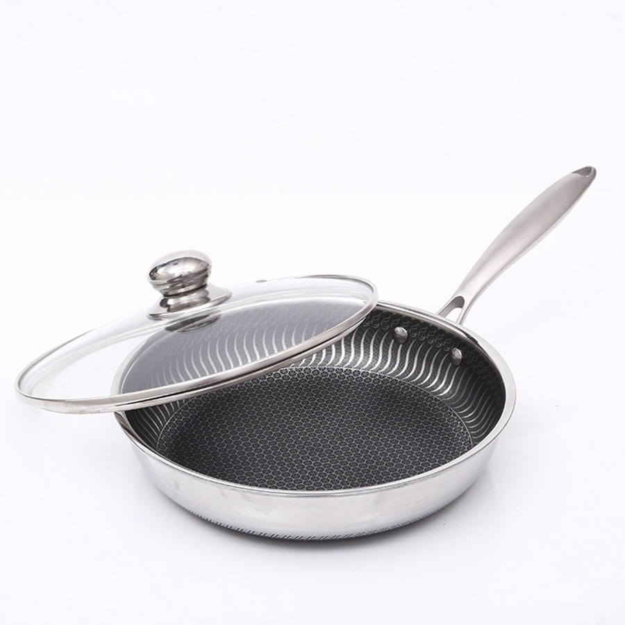 Stainless Steel Kitchen Cookware Non Stick Multipurpose Flat Pan Gas Honeycomb Wok Steak Egg Frying Pan With Lid