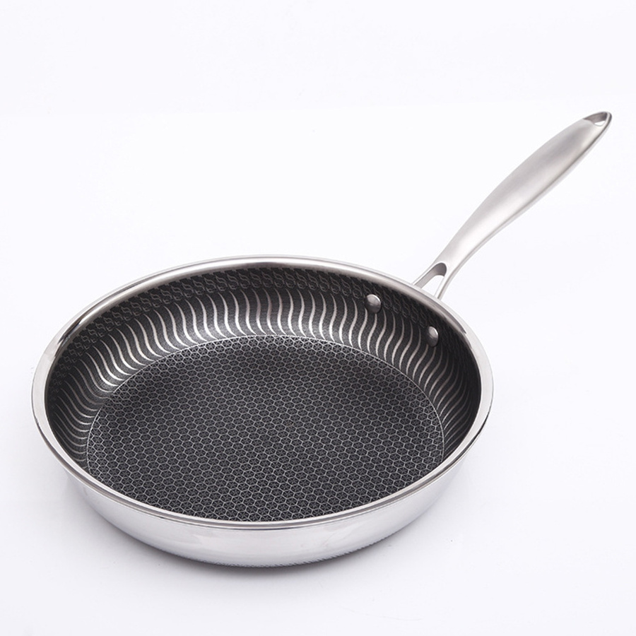 Stainless Steel Kitchen Cookware Non Stick Multipurpose Flat Pan Gas Honeycomb Wok Steak Egg Frying Pan With Lid