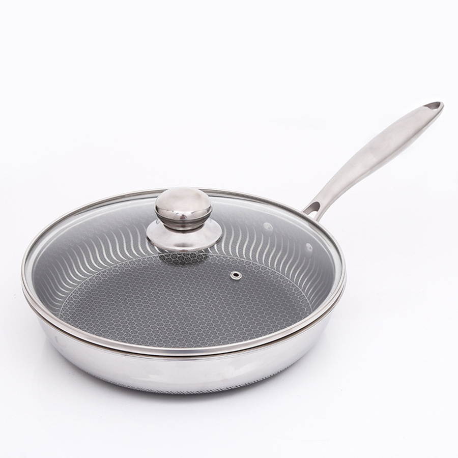 Stainless Steel Kitchen Cookware Non Stick Multipurpose Flat Pan Gas Honeycomb Wok Steak Egg Frying Pan With Lid