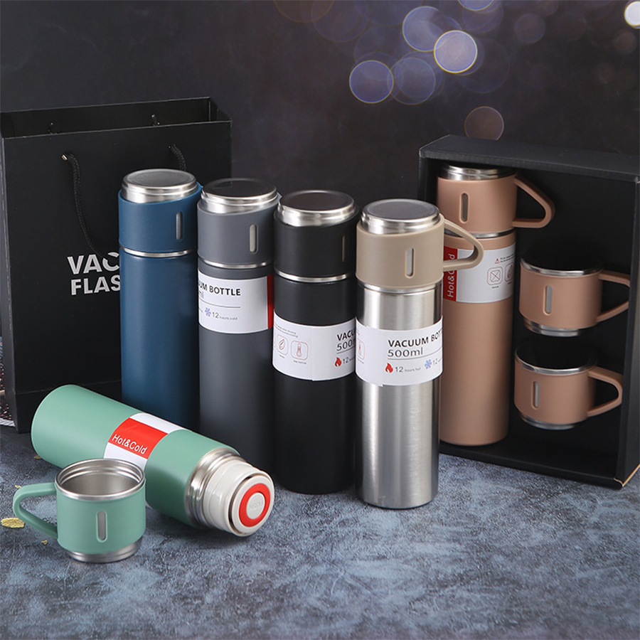 Custom Logo Business Gift Box Set 304 Stainless Steel Vacuum Thermal Thermos Cup Flask Water Bottle Cups with 3pcs Lids