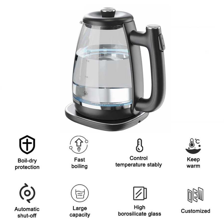 Custom Logo Boil-Dry Protection 220V 110V Clear Glass Electric Tea Kettles for Household Kitchen