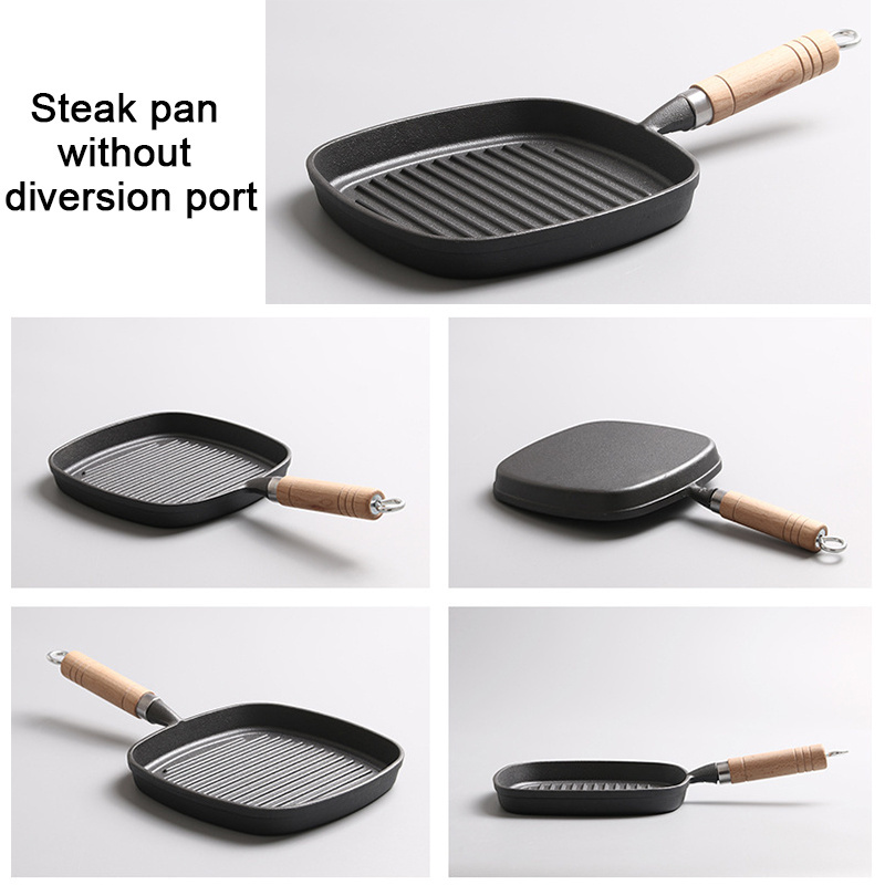 Flat Bottom 22cm Square Shape Roasting bbq Grill Skillet Cast Iron Beef Steak Frying Pan With Wooden Handle