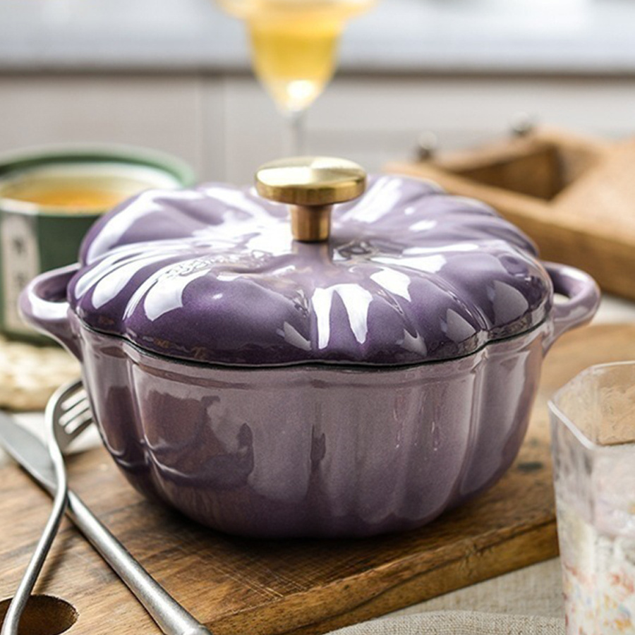 16/20/25cm Double Handle Beautiful Pumpkin Cast Iron Stockpot Nonstick Enameled Stewed Soup Pot With Lid