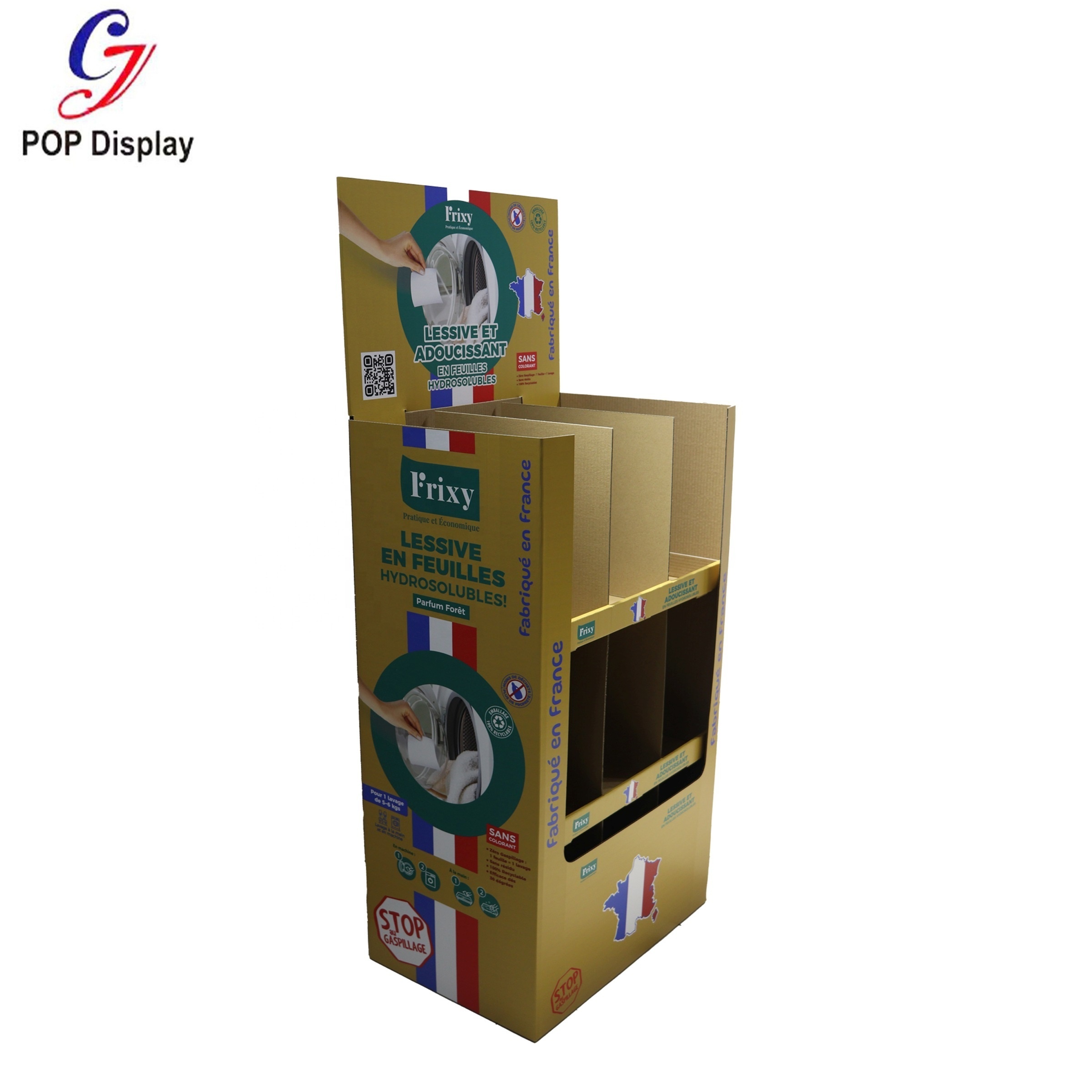 Custom Printed Pop Up Cleaning Product Display Rack Corrugated Cardboard Shelf  Laundry Detergent Floor Display Stand For Market