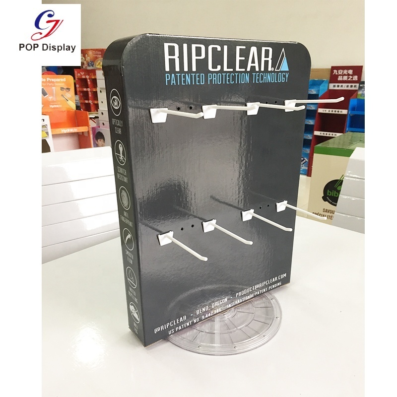 Customer Size Cardboard Rotating Stand With Peg Hooks Display 4 sides Corrugated Paper Hanging Displays For Shoes Promotion