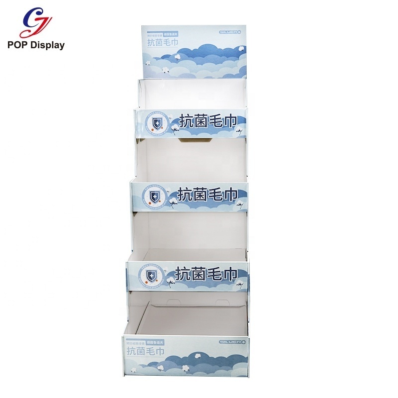 Easy Assembly 4 Stepped Cardboard Shelf Riser Display Visual Merchandise Racks Supermarket Floor Stand For Bath Towel Retail