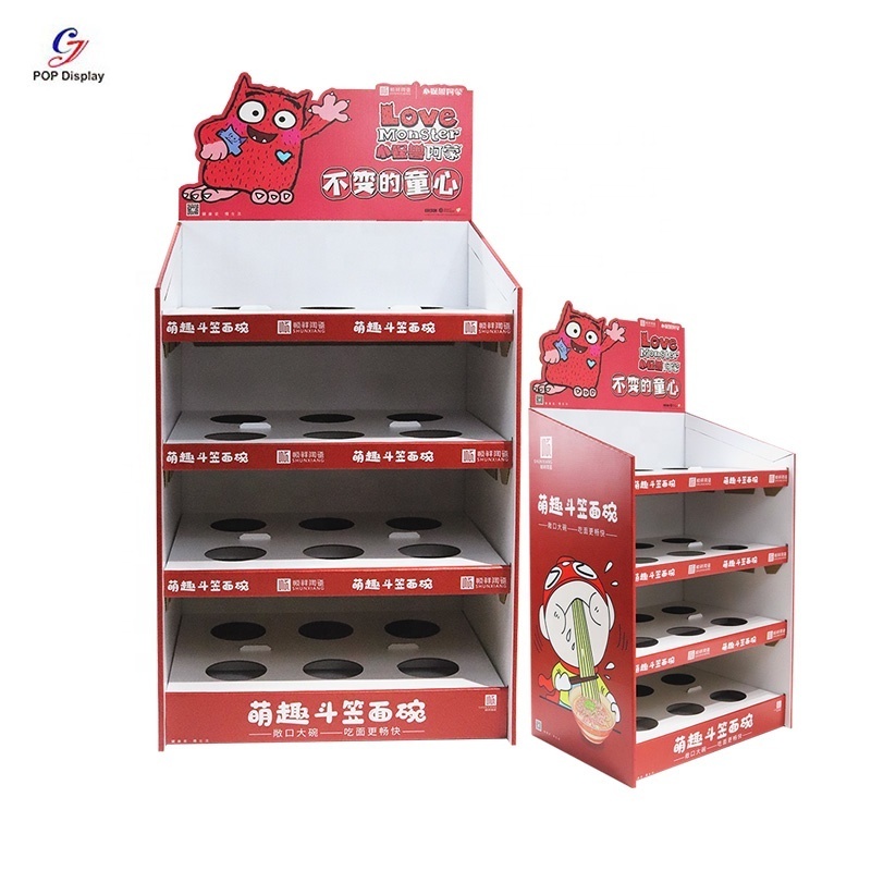 Custom Four Shelf Cardboard Display Stand Assembly Template Floor Paper Corrugated Store Coffee Cup Mineral Water Soda Bottle