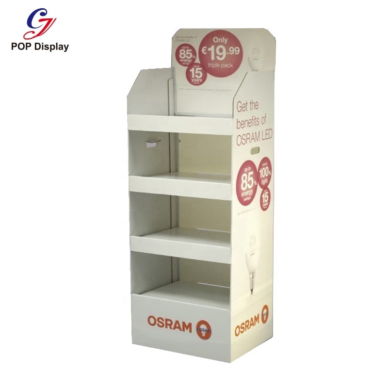 Customized Promotion LED Bulb Display Stand Waterproof Cardboard Corrugated Supermarket Bread Paper Bakery Flooring Shelf Tower