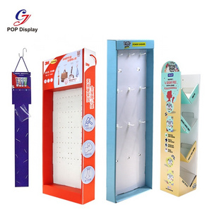 Customer Size Cardboard Rotating Stand With Peg Hooks Display 4 sides Corrugated Paper Hanging Displays For Shoes Promotion