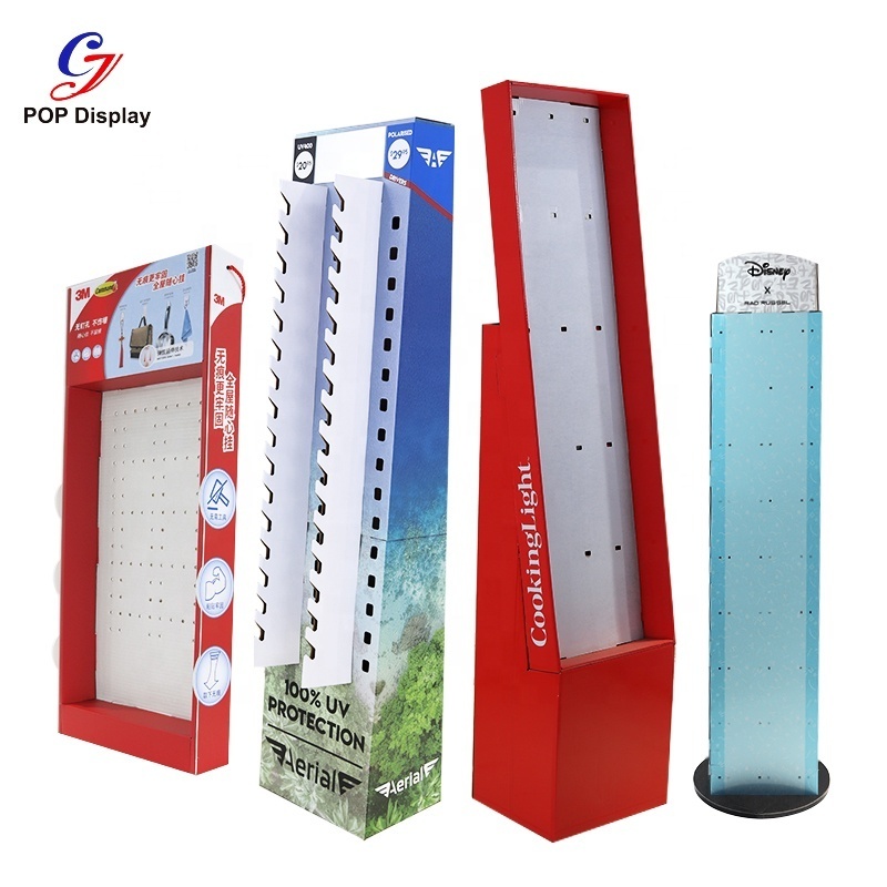 Customer Size Cardboard Rotating Stand With Peg Hooks Display 4 sides Corrugated Paper Hanging Displays For Shoes Promotion