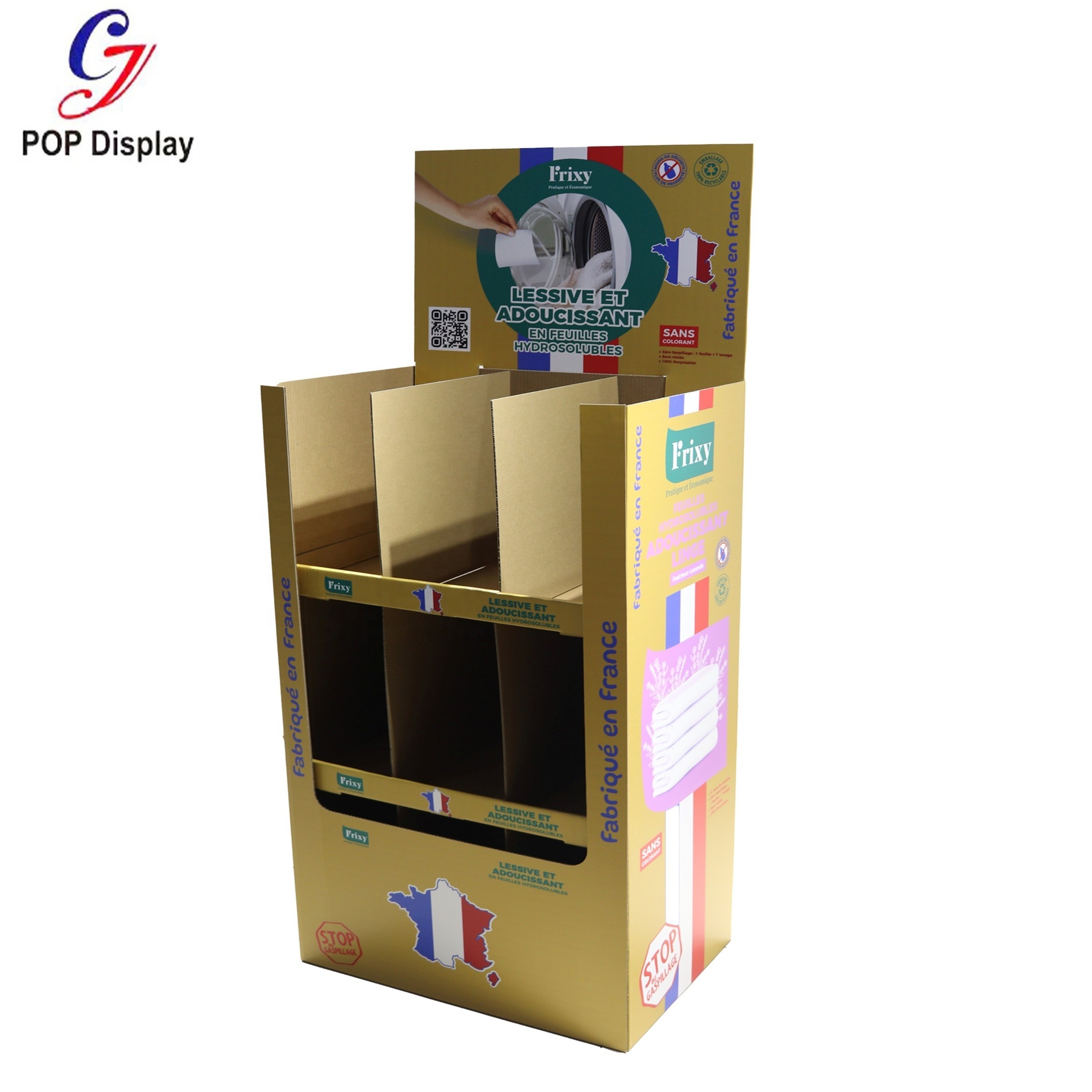 Custom Printed Pop Up Cleaning Product Display Rack Corrugated Cardboard Shelf  Laundry Detergent Floor Display Stand For Market