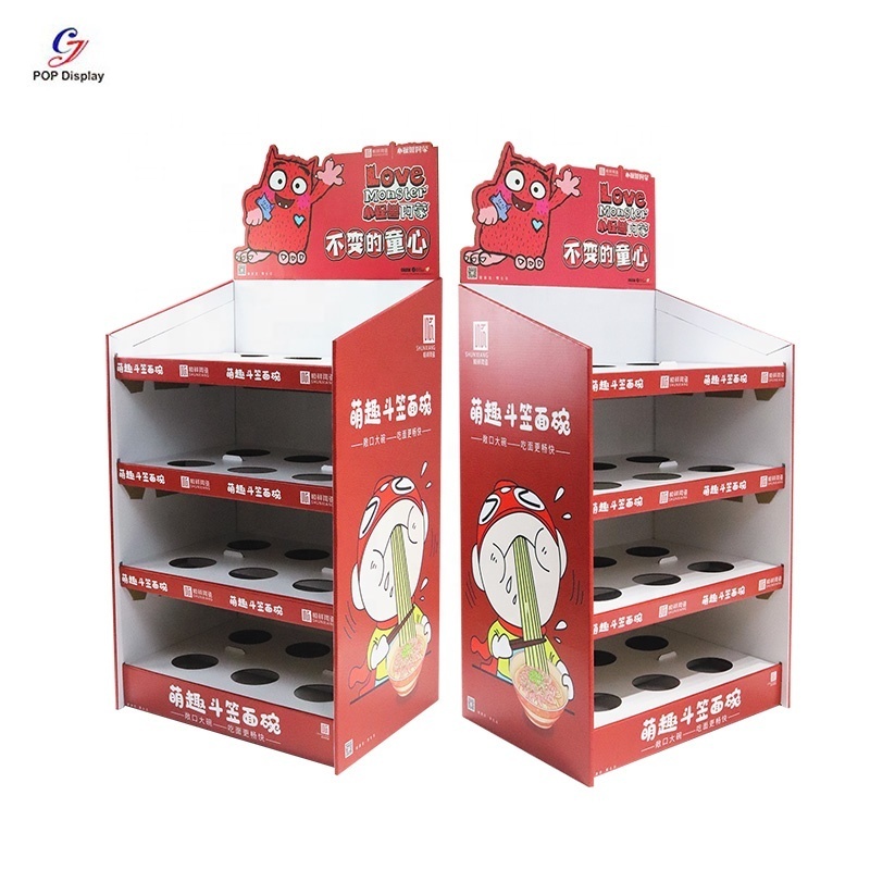 Custom Four Shelf Cardboard Display Stand Assembly Template Floor Paper Corrugated Store Coffee Cup Mineral Water Soda Bottle