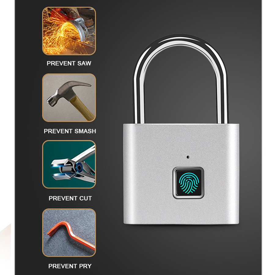 Custom Intelligent Keyless Usb High Security Zinc Alloy Stainless Steel Small Pad Lock Smart Padlock with Fingerprint