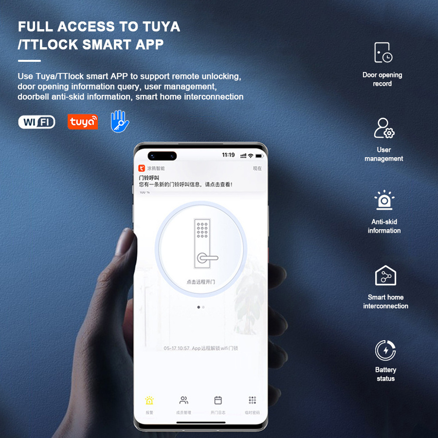 Manufacturer Tuya APP Wifi Fingerprint Smart Card Safe Epic Password Digital Wood Door Handle Lock with Keypad