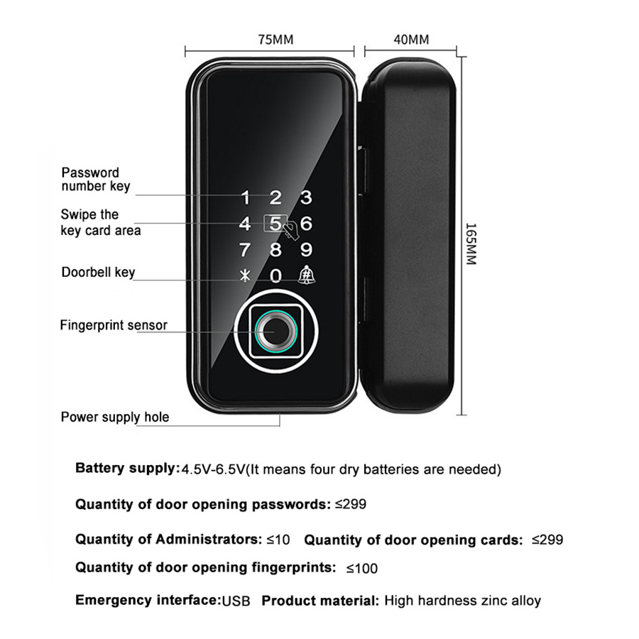 Electric Fingerprint Passcode Card Bluetooth Remote Control Biometric Digital Smart Frameless Glass Door Locks for Glass Door