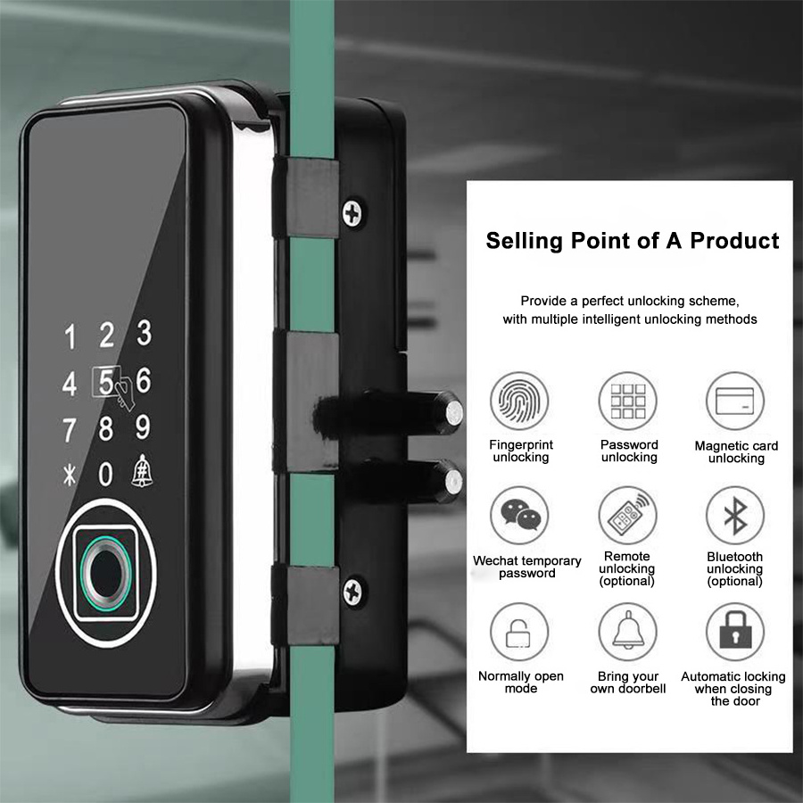 Intelligent Fingerprint Digital Remote Control Password Magnetic Card Electric Smart Office Frameless Glass Door Locks for Glass